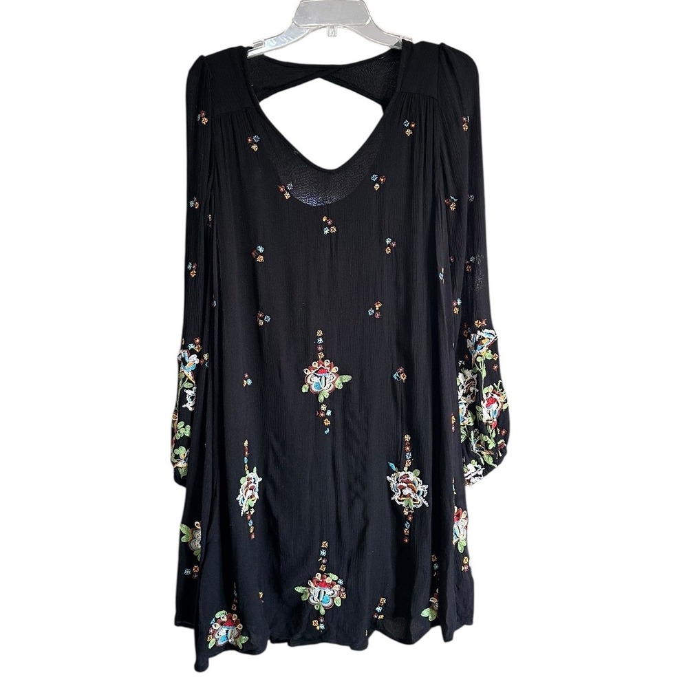 Free People Black Embroidered Floral Gauze Tunic Dress Bell Sleeve S‎ Boho Fairy
